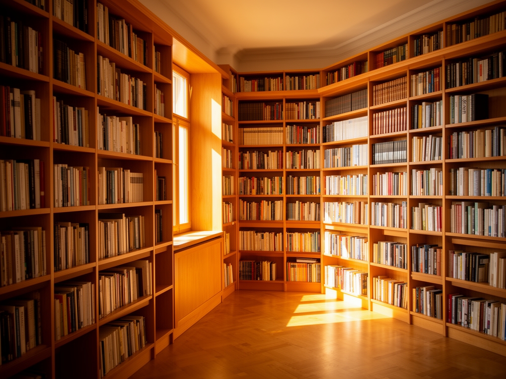 Interiér světlé knihovny s dřevěnými policemi plnými knih a teplým světlem procházejícím oknem symbolizující hloubku znalostí a intelektuální zázemí