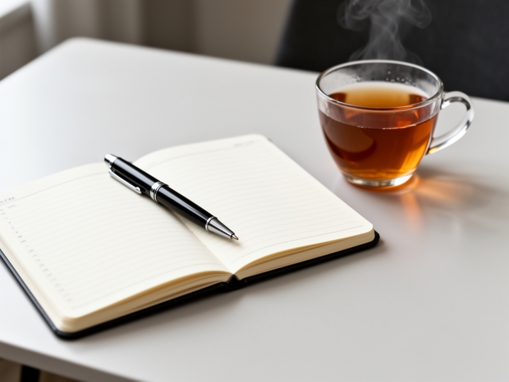Klidné pracovní místo s otevřeným zápisníkem perem a šálkem čaje na světlém stole symbolizující přemýšlení a studium informací