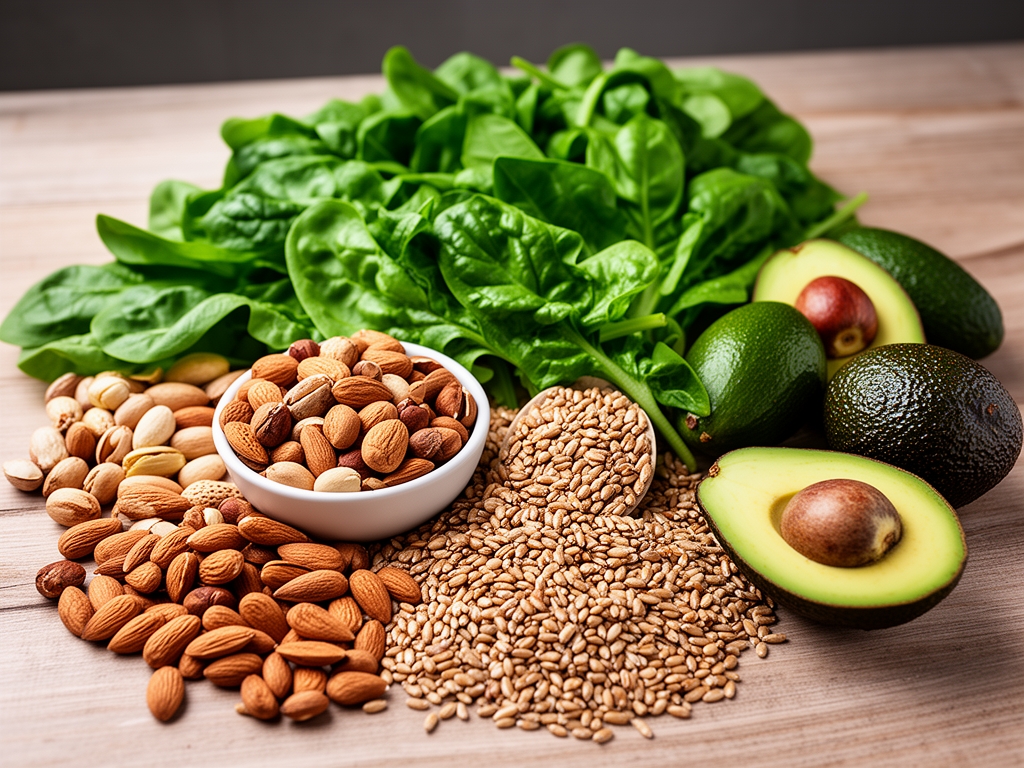 Stůl plný zdravých potravin jako ořechy listová zelenina avokádo a celozrnné produkty zobrazující rozmanitou a výživnou stravu