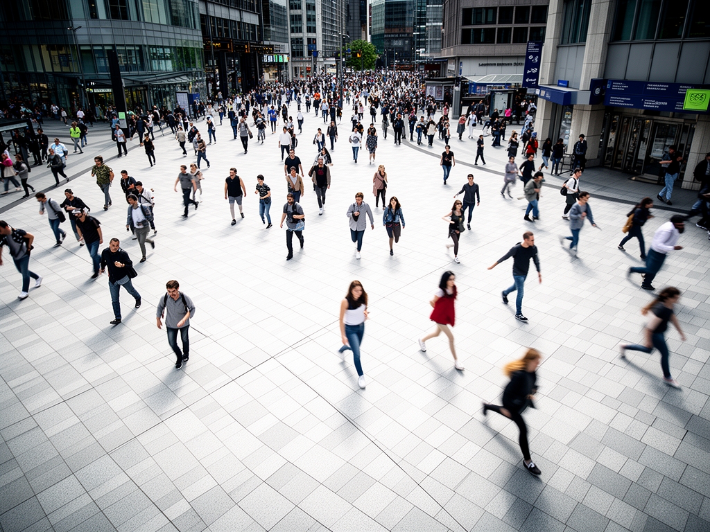 Pohled shora na rušné městské prostředí s lidmi spěchajícími přes světlé dlažební kostky vyjadřující tempo moderního života