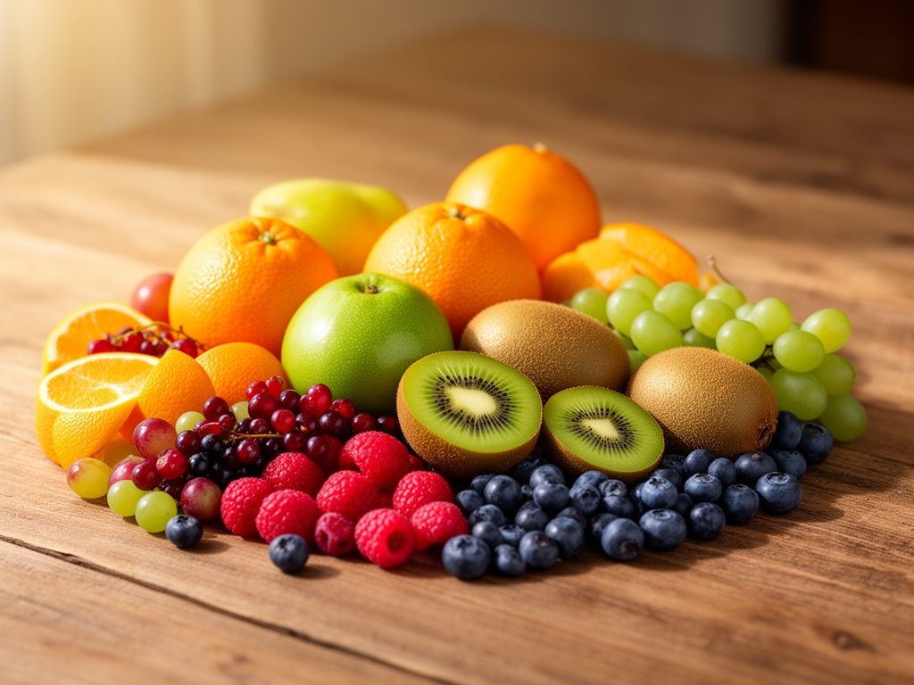 Výběr čerstvého ovoce bohatého na vitamíny jako citrusy, kiwi a bobule na dřevěném stole v teplém přirozeném světle znázorňující zdroje mikronutrientů