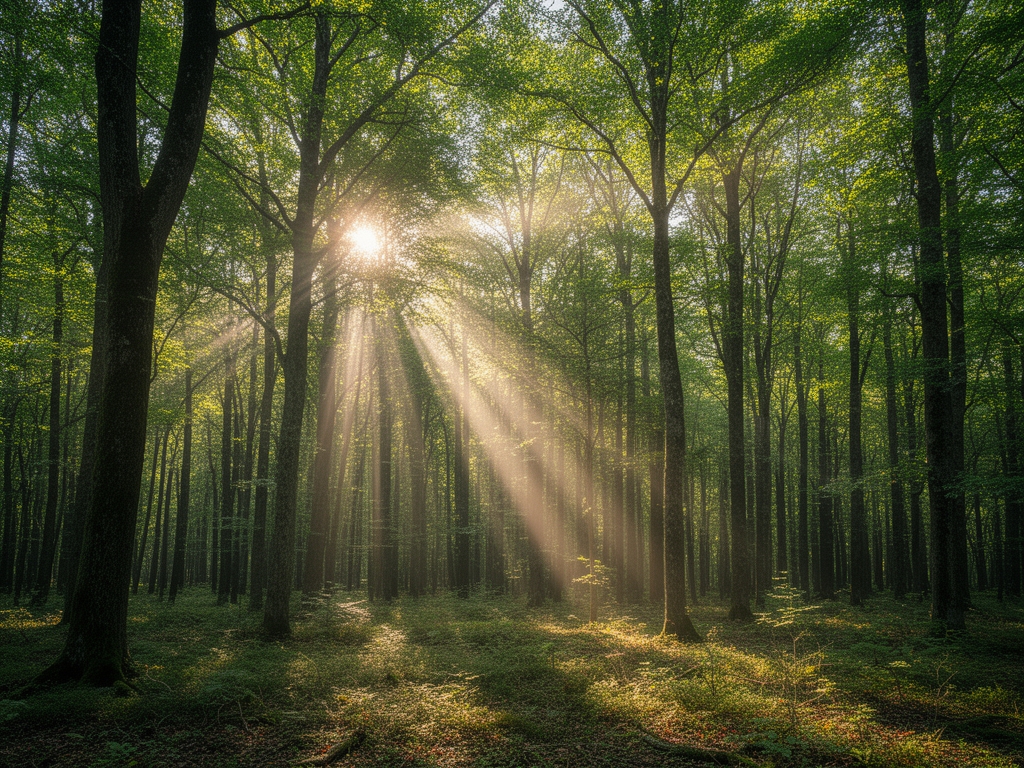 Klidná přírodní scenérie s lesem a slunečními paprsky probíhajícími skrze koruny stromů evokující klid a přirozený životní prostor