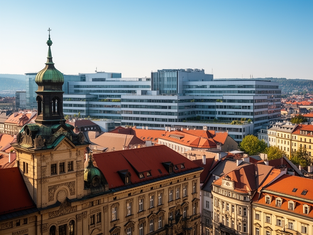 Historická česká architektura v Brně s výhledem na moderní zdravotnické instituce za slunečného dne symbolizující místní odbornou základnu