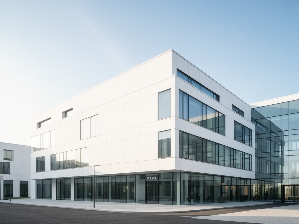 Moderní evropská instituce s čistou bílou fasádou a skleněnými okny symbolizující vědeckou regulaci a bezpečnost potravin
