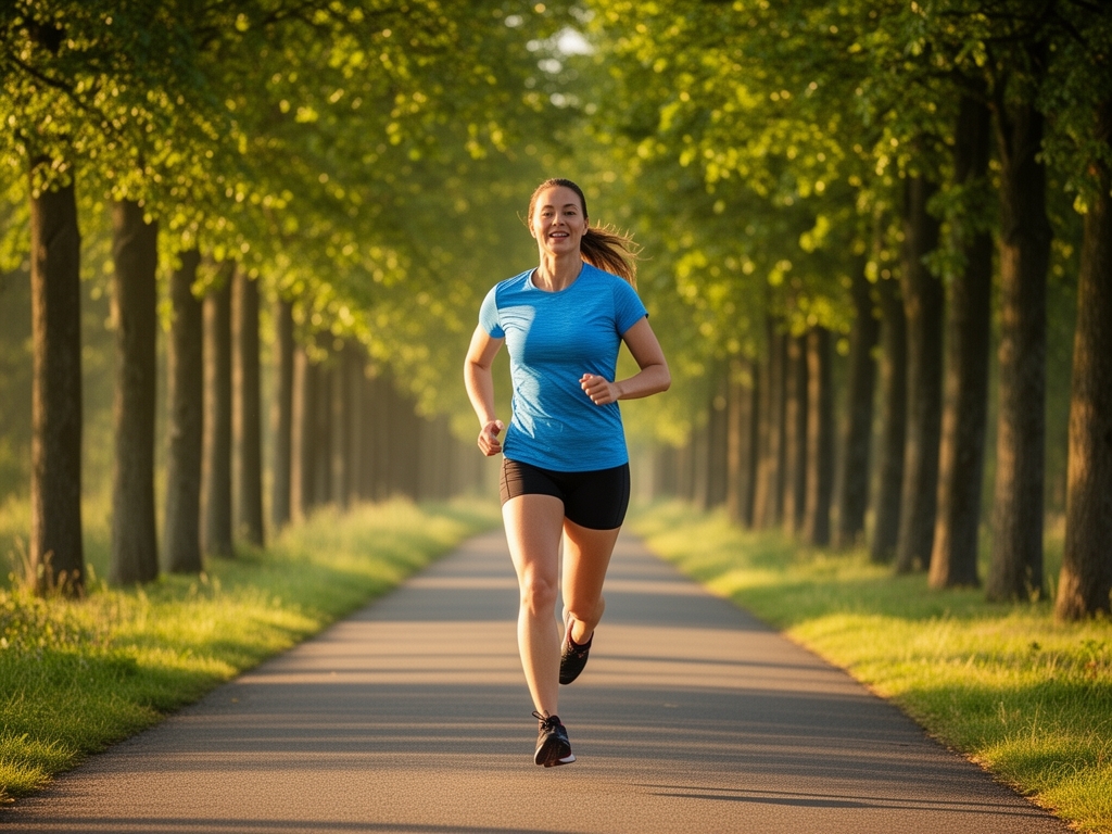 Osoba běžící na čerstvém vzduchu podél stromové aleje za ranního světla symbolizující aktivní životní styl a pohodu