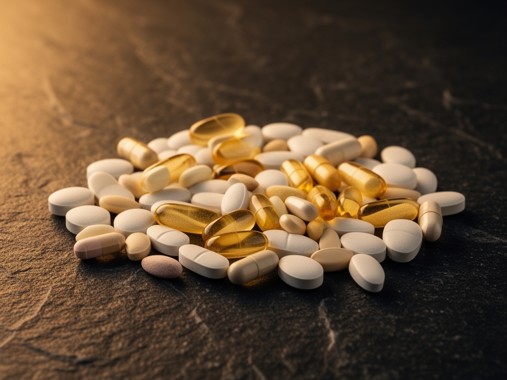 Různé přírodní kapsle a prášky doplňků stravy bez značky uspořádané na tmavém kamenném povrchu s teple osvícenou atmosférou